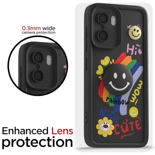 Image of Pikkme Back Cover for OnePlus 15R 5G | Soft Silicone| Cute Rainbow Smile & 3D Cartoon Flower Design | Shockproof Raised Camera Protection Bumper Case (Black)
