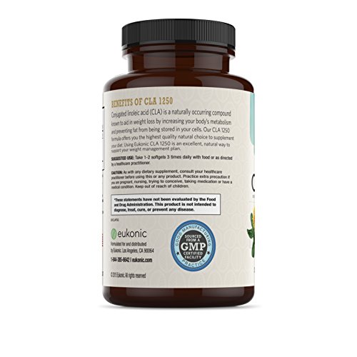 Eukonic CLA 1250 mg, 180 Softgels, Natural Diet Pills for Increased Weight Loss and as a Fat Burner, 100% Safflower Oil, Lose Weight Faster, Non-GMO, 3rd Party Tested