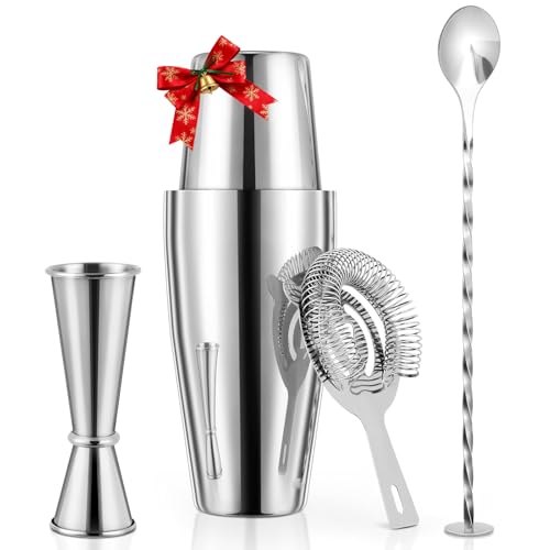 X Home Cocktail Shaker Set, Professional 4-Piece Bartender Kit with Boston Shaker, Hawthorne Strainer, Double Measuring Cocktail Jigger, and 10-inch Mixing Spoon, Bartender's Choice