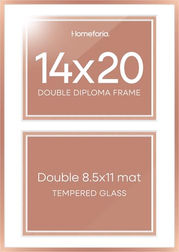 Image of Homeforia 14x20 Double Diploma Frame, High End Metal 14 x 20 Rose Gold Certificate Frames with Mat for Two 8.5x11 Diplomas, 20x14 Dual Award Graduation Matted Frame, Tempered Glass, Wall Kit, Set of 3