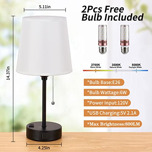 Outioe Bedside Table Lamps For Bedrooms Set Of 2 - Nightstand Lamp With 3 Color Modes By Pull Chain, Small Lamp With Usb C+A Ports And Ac Outlet, Bedroom Decor Mini Bed Side Lamp For Kids #TOP3