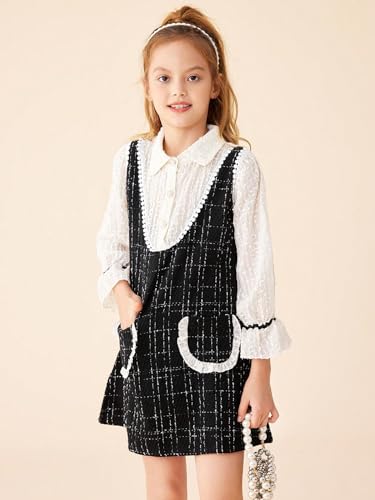 Image of WDIRARA Girl's Plaid Print Bow Front Tweed Dress Flounce Long Sleeve Mock Neck Cute Elegant Short Dresses Black and White 11-12Y