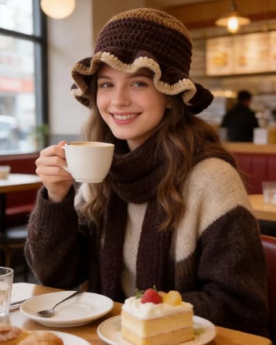 Image of Women Crochet Bucket Hat Cute Winter Ruffled Brim Floppy Cap Handmade Knit Cloche Hats