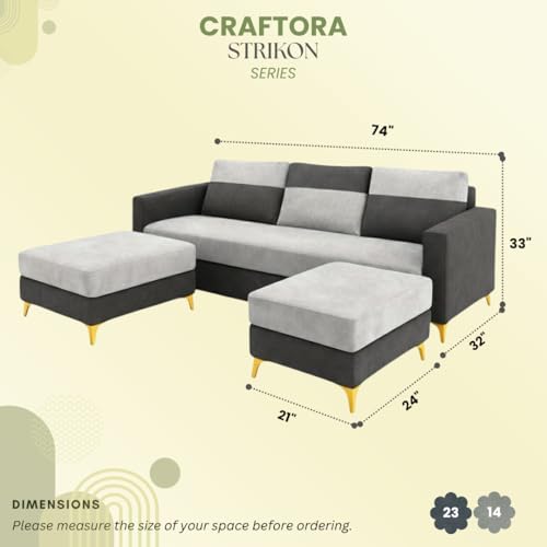 Image of Strike Dual Tone Plush 5 Seater L Shape Sofa Set with 2 Movable Ottomans| Flexible Layout | Silken Velvet Suede| Golden Metal Legs|for Living Rooms & Office (Light Grey & Dark Grey)