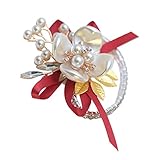 PRETYZOOM Ramillete de Muñeca Nupcial Flor de Muñeca de Seda Nupcial con Perla Pulsera Elástica Brazalete Pulsera Pan de Oro para Boda Prom Mano Flores Decoraciones Rojo
