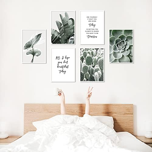 Sage Green Room Decor Botanical Wall Art Prints Bathroom Inspirational Quotes Wall Art Bedroom Boho Motivational Wall Decor Plant Leaves Poster Set of 6(A4 21x29.7cm, Unframed)