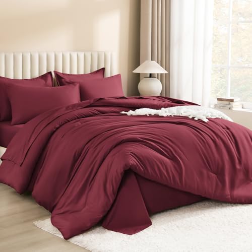 Image of Litanika Super King Plus Comforter Sets Burgundy - 7 Pieces Bed in a Bag Beddding Sets, Solid Lightweight Bed Set with Comforter, Sheets, Pillowcases & Shams