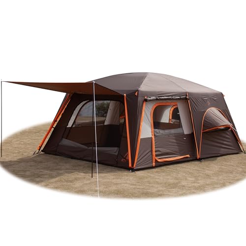 KTT Extra Large Tent 12 Person,14'Lx10'Wx7'H,Family Cabin Tents,Full Rainly,2 Rooms,2 Bay-Windows and 3 Doors 3 Windows with Mesh,Waterproof,Straight Wall,Big Tent for Outdoor,Picnic,Camping(Brown)