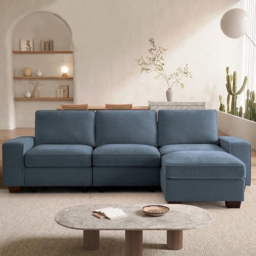 Image of TEKAMON 100 inch Modular Sectional Sofa with Seats Storage, L Shaped Couch with Movable Ottoman for Living Room, Couch with Chaise, Solid Wood Frame, Spring Cushions, USB Port, Removable Covers, Blue