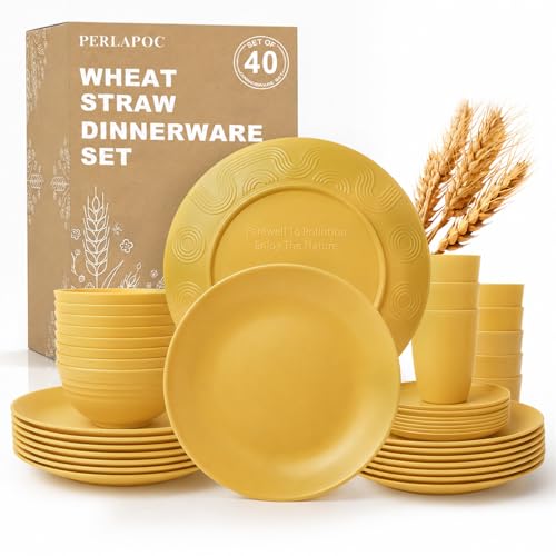 Image of 40 Piece Wheat Straw Dinnerware Sets for 8, Unbreakable Dish Set, Plates and Bowls Sets for 8, Lightweight Kitchen Dishware Set for Camping, Picnic, and Famliy Everyday Use - Yellow