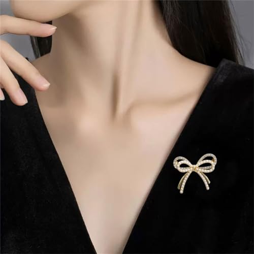 Image of Bow Knot Brooch Rhinestones Pearl Bow Lapel Pin Alloy Pearl Brooch Satin Ribbon Bow Badge Women's Dress Shawl Sweater Decoration