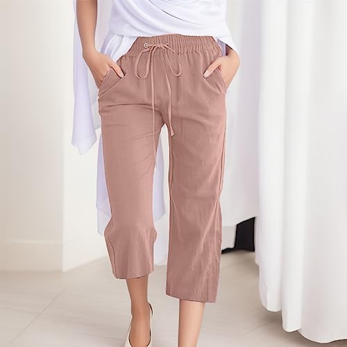 Capri Pants for Women Casual Summer Cotton Linen Baggy Trousers Drawstring Elastic Lounge Pants with Pockets2