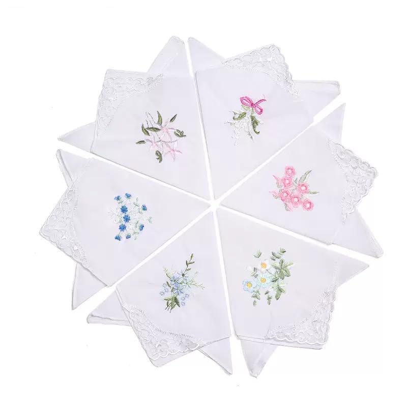 6 Pañuelos Blancos de Algodón con Encaje Floral