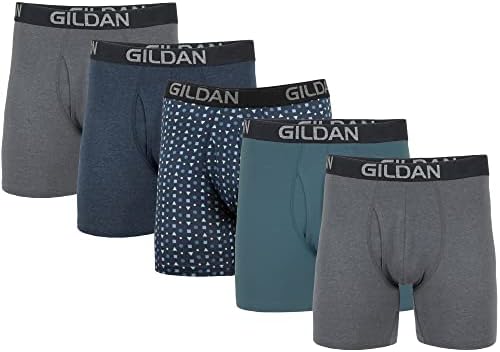 Gildan Men's Underwear Cotton Stretch Boxer Briefs, Multipack, Hthr Dark Grey/Hthr Navy/Shapes/Blue (5-Pack), Large