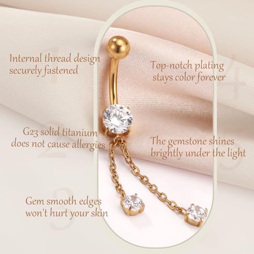 AROWRO Dangle Belly Button Rings Titanium Gold Sliver Belly Button Ring Hypoallergenic 14G Dangle Navel Piercing Jewelry 10mm Barbell for Women2