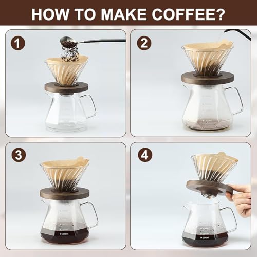 NKFOOPDU Pour Over Coffee Maker 20oz, 600ml Borosilicate Glass Coffee Server, Drip Coffee Maker with 100 pcs V60 Paper Filter, Walnut Base & Glass Lid, Holds 3 Cups, Perfect for Home Café, Restaurant, and Camping - Image 5