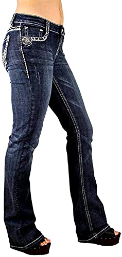 Women's Ripped Bootcut Jeans Mid Rise Flare Bottoms Vintage Distress with Rhinestone Pockets S96-PB2