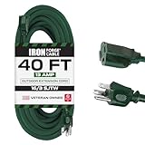 40 Foot Outdoor Extension Cord - 16/3 SJTW Durable Green Extension Cable with 3 Prong Grounded Plug for Safety - Great for Christmas Lights, Garden and Major Appliances