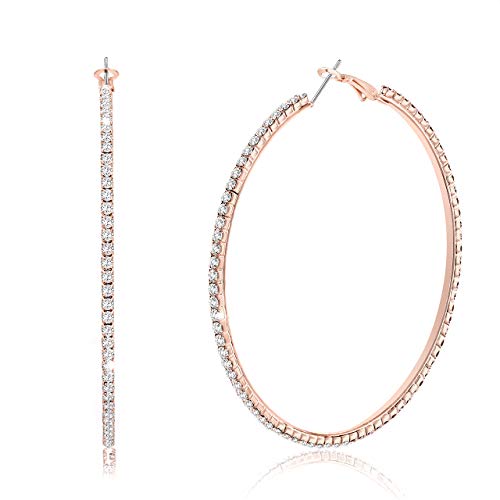 BSJELL Extra Large Hoop Earrings for Women Rhinestone Big Circle Stud Earrings Crystal Rose Gold Plated Round Hoop Earrings for Womens Girls Sensitive Ears