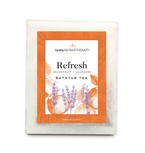 Image of hydraAROMATHERAPY Bathtub Tea Sachet with Herbs Flowers & Essential Oils for Relaxing Baths Foot Soaks Facial Steams Made in USA, 1.5 Ounce Single-Use Bag, Refresh (Grapefruit & Lavender)