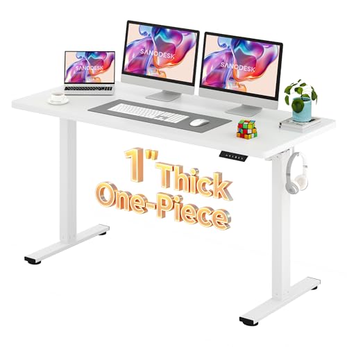 Image of SANODESK Electric Standing Desk 60 x 24 Inches Whole-Piece Desktop Height Adjustable Stand Up Desk w /6-Button Controller Ergonomic Computer Desk for Home Office, White Frame + White Tabletop
