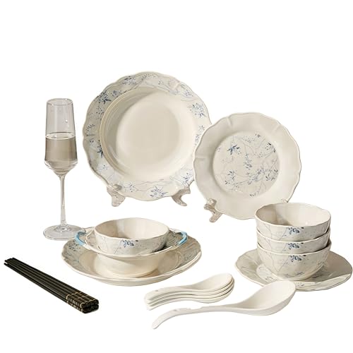 Top Porcelain China Dinnerware Set, Stoneware&Ceramic Dinnerware Sets,Ceramic Cookware Tableware Set Includes Dinner China Plates|Chinese Spoons|Pasta Bowls|Soup Pot|Chopsticks (18PCS * 4-Person Set)