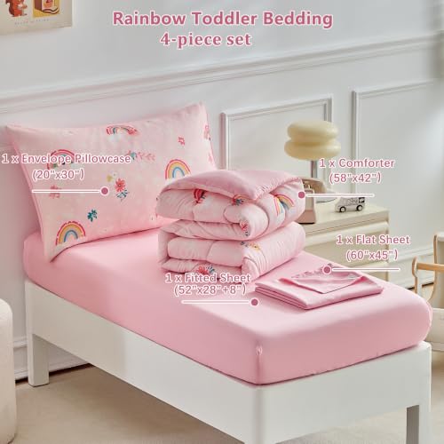 Image of Toddler Bedding Set Pink Rainbow Comforter Set for Girls Soft Cozy Bed Set