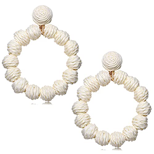 Rattan Earrings Rattan Ball Hoop Dangle Earrings for Women Handmade Bohemia Earrings Braid Straw Wicker Raffia Earring Summer Beach Accessory Gifts (White)