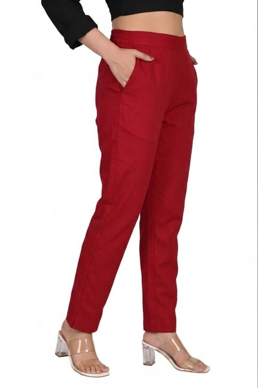 Image of Solid Cotton Woman Trousers Pants Regular Fit Kurti Pant with Drawstring Daily Office Formal Casual Use