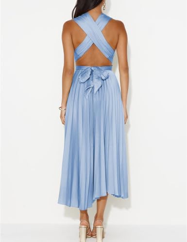 Summer Satin Sleeveless Pleated Midi Dresses for Women Sexy V Neck Backless Tie Asymmetric Flowy Cocktail Dress2