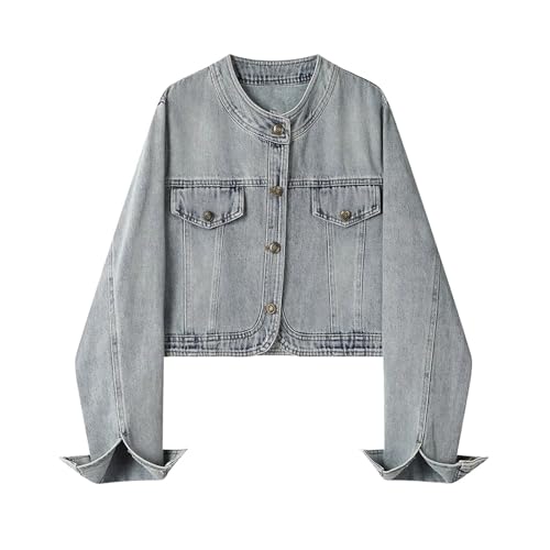 Veste femme col rond denim aux finitions soignées et coupes courtes premium