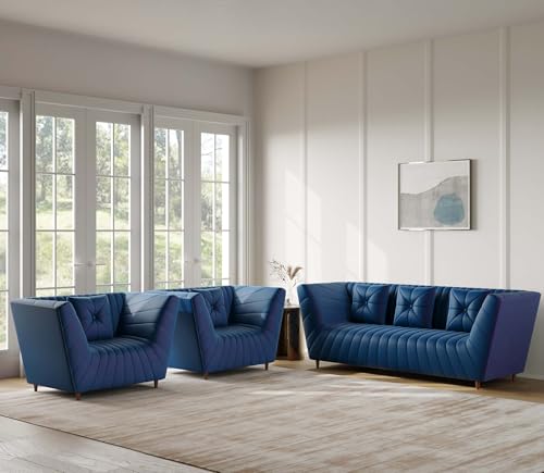Image of Amazon Brand - Solimo Corell Tufted Velvet Fabric 3+1+1 Seater Sofa for Living Room Furniture (Blue)|3 Year Warranty