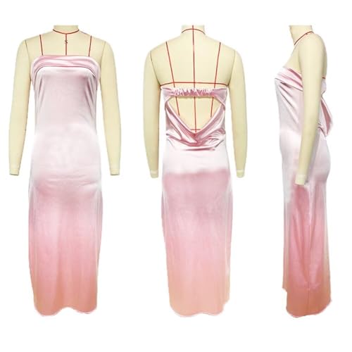 Image of Womens Strapless Satin Maxi Dress Backless Tube Dress | Strapless satin maxi dress with elastic back folded bust backless cut smooth drape and slim tube fit for events