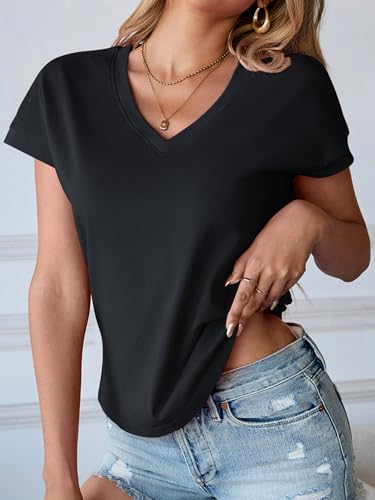 Oymyakon Women Cotton Cap Sleeve Tops Cropped V Neck T Shirts Boxy Tee Shirt Loose Fit Short Sleeves Casual Summer Blouse3