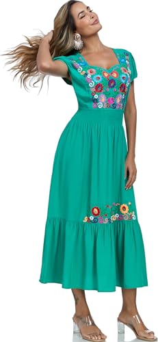 Image of Women's Summer Maxi Dress Casual Floral Embroidered Round Neck Short Sleeve Ruffle Tiered Dress Flowy Boho Beach Sundress