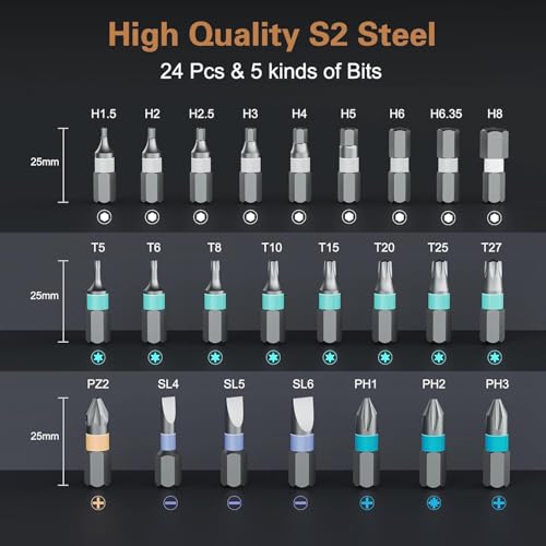 Image of 24 in 1 T Shape Ratchet Screwdriver Set with S2 Steel Magnetic Bits, Aluminum T Handle, Portable Repair Tool Kit for Electronics, Laptop, Bike, Furniture & Home DIY