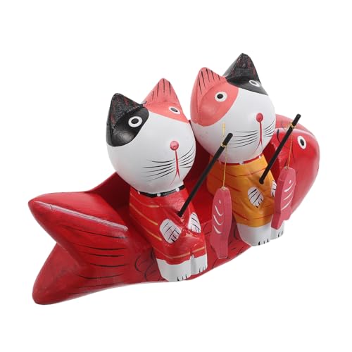 Figurine couple chats pêcheurs en bois rouge grand format pour déco maison