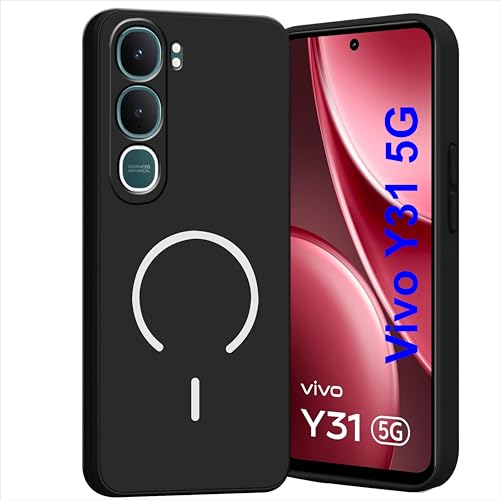 SBMS Silicone Back Cover Case for Vivo Y31 5G 2025 | Soft Micro-Fibre Lining Inside | Magsafe Print On Back Side Camera Protection Bump | Shockproof Case Vivo Y31 5G 2025 (Black)