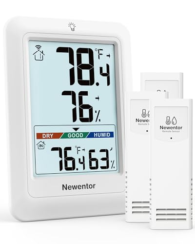 Image of Newentor Indoor Outdoor Thermometer Wireless with 24H /48H /ALL-TIME High Low | Big Number 4 inch Display, Inside Outside Temp & Humidity, Comfort Indicator, Weather Station for House Patio, White, 3 Sensors