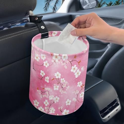 Image of Pink Flower Trash Can for Car Garbage Can for Back Seat Leak Proof with Adjustable Buttons Cars Accessories for Women Interior