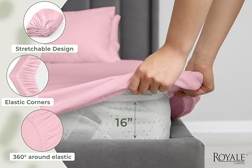 Image of Royale Linens 100% Organic Cotton Full Fitted Sheet Only - Percale Weave - Super Soft Deep Pocket Bottom Sheets - Pink Elastic Sheet - Full Size Fitted Sheets Only - (54 inchx75 inch+15 inch, Pink)