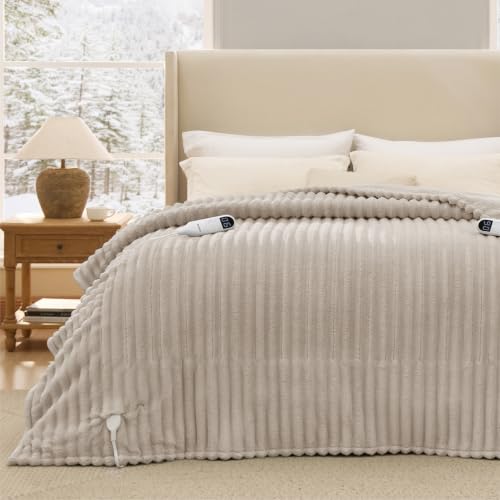 Image of Bedsure Electric Blanket Queen Size - Thick Striped Flannel Electric Blanket with Dual Control, Heating with 6 Heat Settings & 6 Time Settings, 8 hrs Timer Auto Shut Off (84x90 inches, Linen)