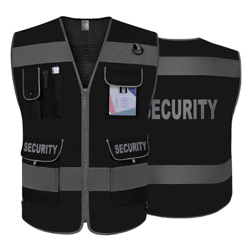TCCFCCT Mesh Security Vest for Security Guard 9 Pockets High Visibility Reflective Safety Vest for Men Women, Durable Hi Vis Vest with Reinforced Sewing, Meets ANSI/ISEA, (G100S-Black, L)