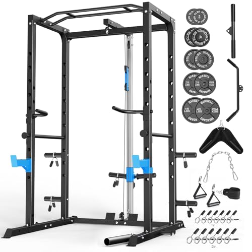 Image of ULTRA FUEGO Power Cage, Multi-Functional Power Rack with J-Hooks, Dip Handles, Landmine Attachment and Optional Cable Pulley System for Home Gym (Power Cage with 240LB Weights, Blue)