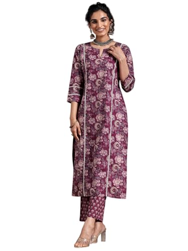 Image of Libas Burgundy Printed Cotton Blend Straight Kurta set for Women | daily wear suit