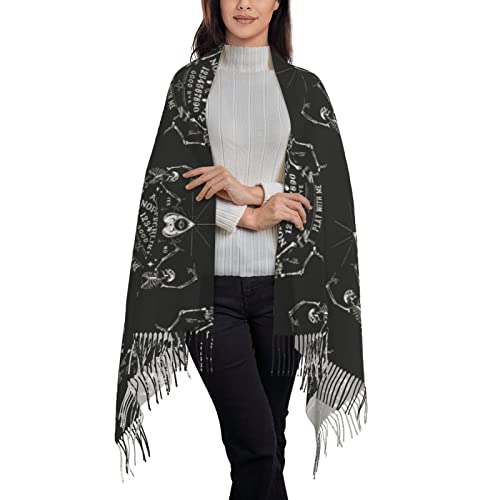 Bagea-Ka Vintage Skeleton Magic Ouija Black Pattern Scarf Long Shawl Wraps Pashmina for Women Girls with Tassels Soft Warm Cozy