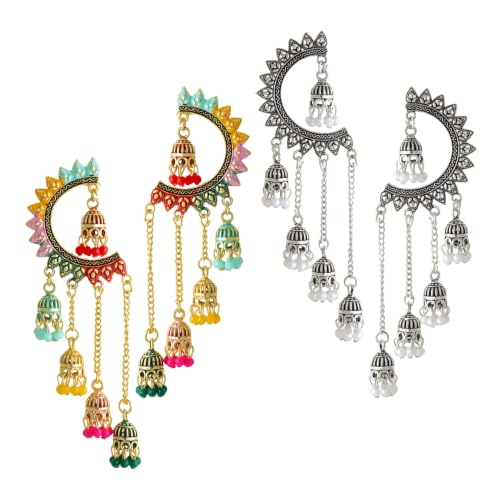 Image of WORLD CRAZE Multicolour long kashmiri jhumka for women chandbali earrings chand baliyan | kashmiri earrings for women | bahubali earrings stylish | Traditional Indian Festive Jewelry | Long Chain Tassels | Pearl Drop Latkan Jewellery (Multi colour)