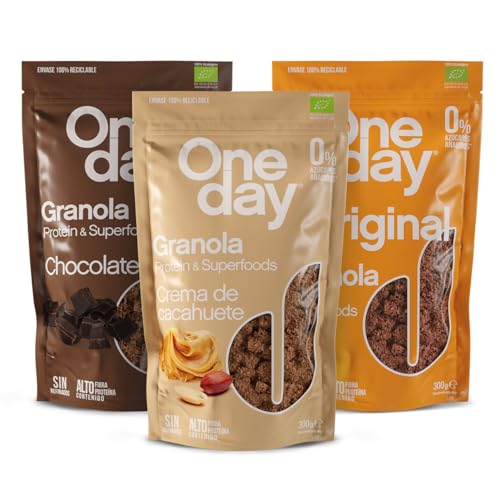 ONE DAY Granola Ecologica, Sin Azucares Añadidos, Alto en Proteína con Superfoods, Altro en Fibra, 300g (Pack 3 / Multi Gusto, 1 unidad)