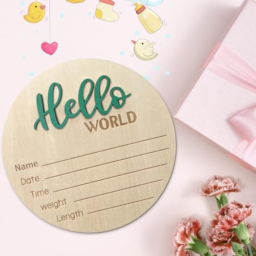 Image of Baby Announcement Sign, ​5.9 Inch Wooden Hello World Newborn Signs, Birth Announcement Sign, Baby Shower Hospital Nursery for Newborn Boys and Girls (Green,Pen)