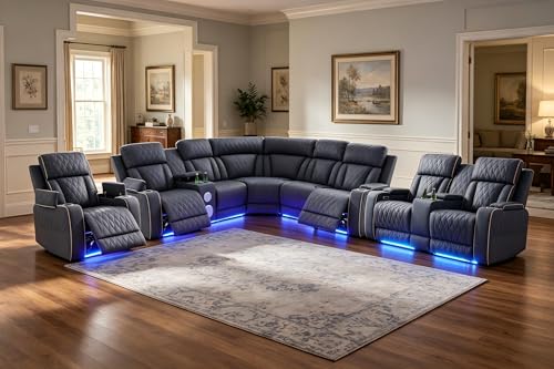 Image of Power Sanded Leather Reclining Sofa with Bass Speakers, Power Recliner Sectional Sofa with Reading lamp /LED Light, Sectional Reclining Loveseat Couch with Hide-Away Storage for Living Room